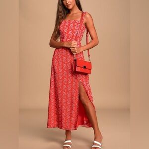 Lulus Back to Backless Red Floral Print Lace-Up Mix Slit Flowy‎ Dress